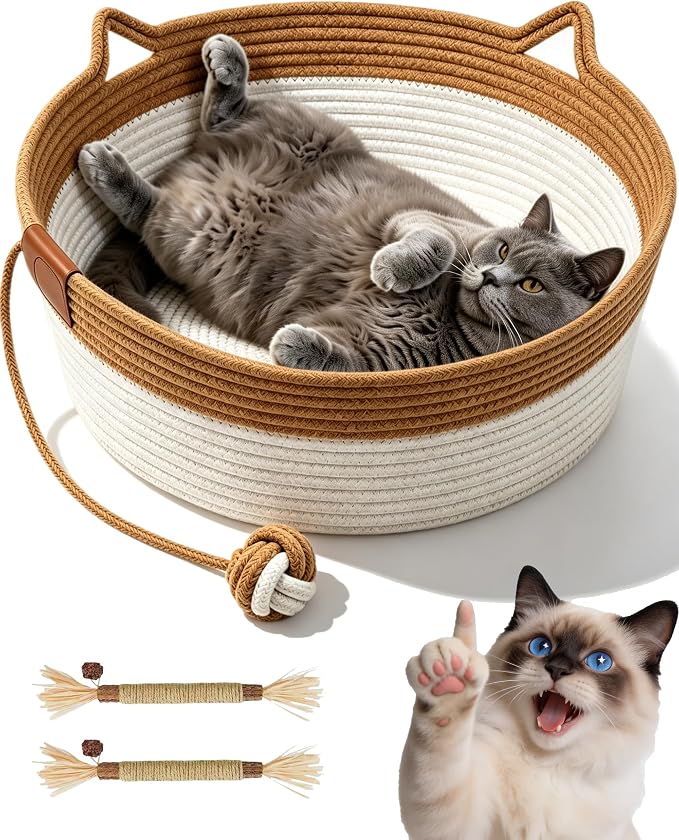 Instinct Basket for Cats,Cat Basket Bed with Cushion & Hanging Ball Toy,Handwoven Cotton Rope Cat Basket (Orange,M(up to 17Lb))