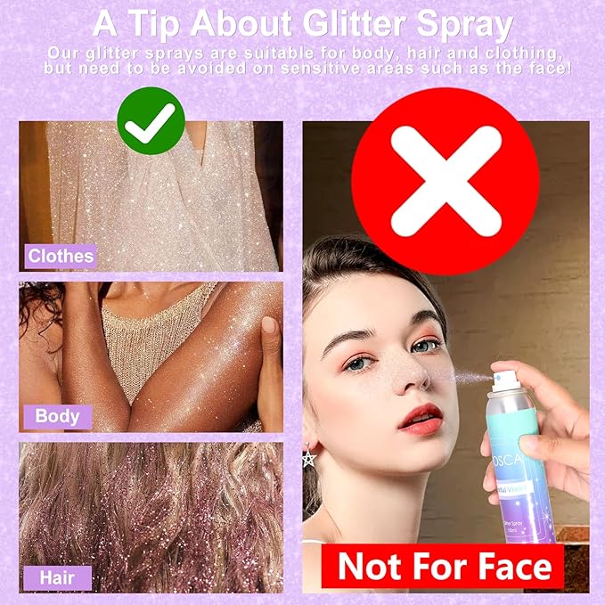 YOSCA Body Glitter Spray, 150ML Holographic Glitter Hairspray, Shiny Glitter Spray for Hair Body Clothes, Quick-Drying and Long-Lasting Shimmer Powder for Festival Music Concert Party Rave Accessories