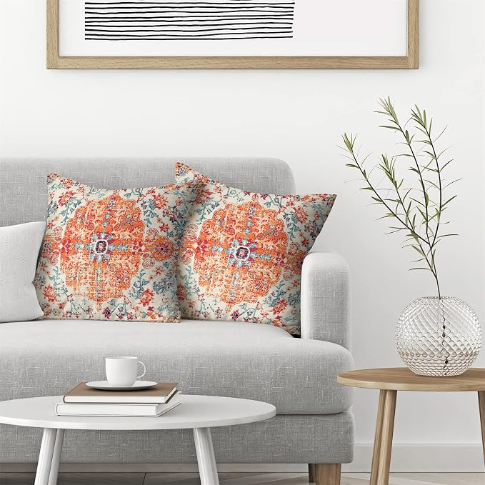 AEIOAE Boho Pillow Covers 16x16 Inch Set of 2,Carpet Pattern Throw Pillows Case,Orange Blue Ethnic Design Outdoor Decorative Square Linen Farmhouse Decor Cushion Covers for Home Sofa Bed Couch