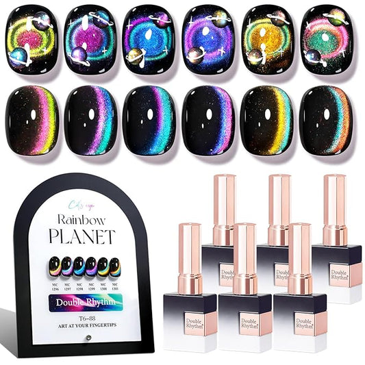 Double Rhythm Cat Eye Gel Nail Polish Set of 6 Same Color Same Bottle 0.5 Oz Shimmer Glitter with Magnet Holographic Reflective Magnetic UV Nail Polish Kit at Home (Holographic Rainbow-T6-88)