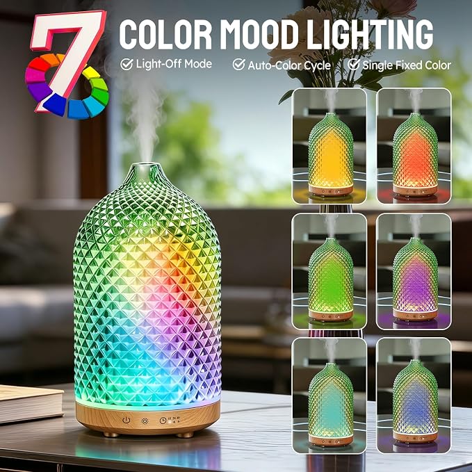Essential Oil Diffuser, 3D Diamond Glass Aromatherapy Diffuser with Ultrasonic Cool Mist, 7 Color LED Lights, 1/2/4H Timer, Quiet Auto Shut-Off Oil Diffuser for Bedroom, Home, Office (Green)