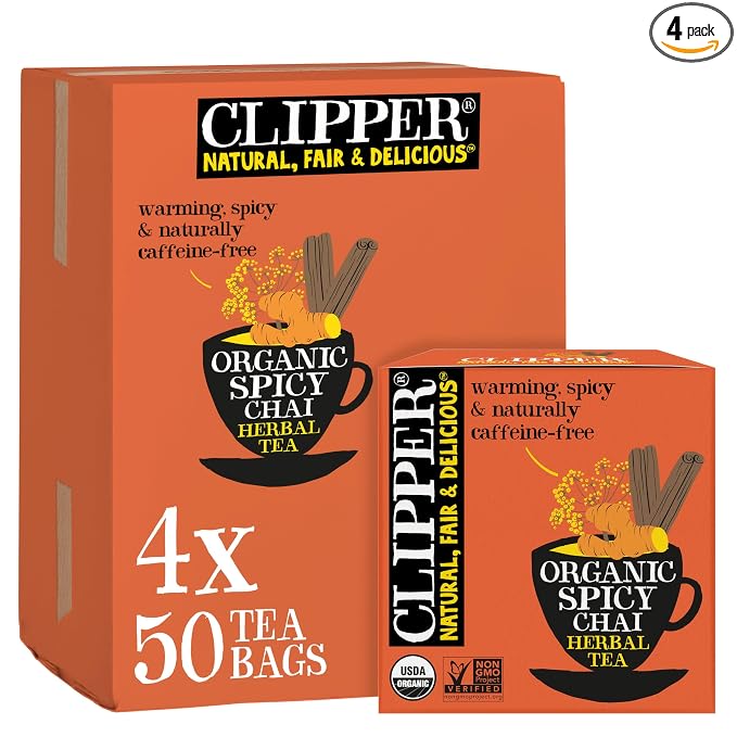 Clipper Tea Spicy Chai Herbal Tea – Caffeine Free, USDA Organic, Great Hot or Iced – Warming, Spicy, Natural, Fair & Delicious – 200 Tea Bags