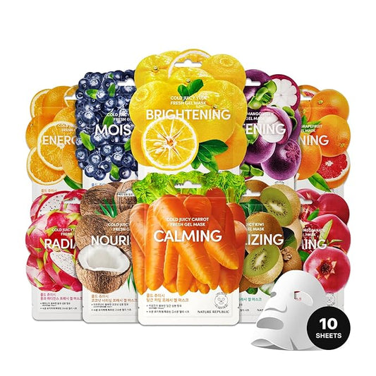 Nature Republic Cold Juicy Fresh jelly Face Mask Set (10 Pack), Bulk Facial Vegan spa Mask for Moisturizing & Hydrating Glow, Birthday Gifts for Women korean beauty skin care for all skin types