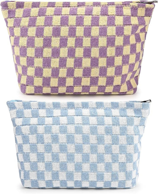 SOIDRAM 2 Pieces Makeup Bag Large Checkered Cosmetic Bag Capacity Canvas Travel Toiletry Bag Organizer Cute Makeup Brushes Aesthetic Accessories Storage Bag for Women,Checkered L Purple Light blue