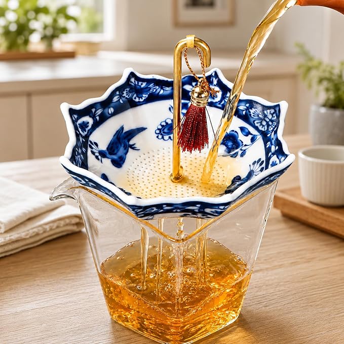Umbrella Shape Ceramic Tea Strainer with 360° Rotating Drip Tray, Blue and White Porcelain Loose Leaf Tea Filter for 2.5-4 Inch Cups, Mugs and Teapots, Dishwasher Safe Reusable Tea Bag Alternative