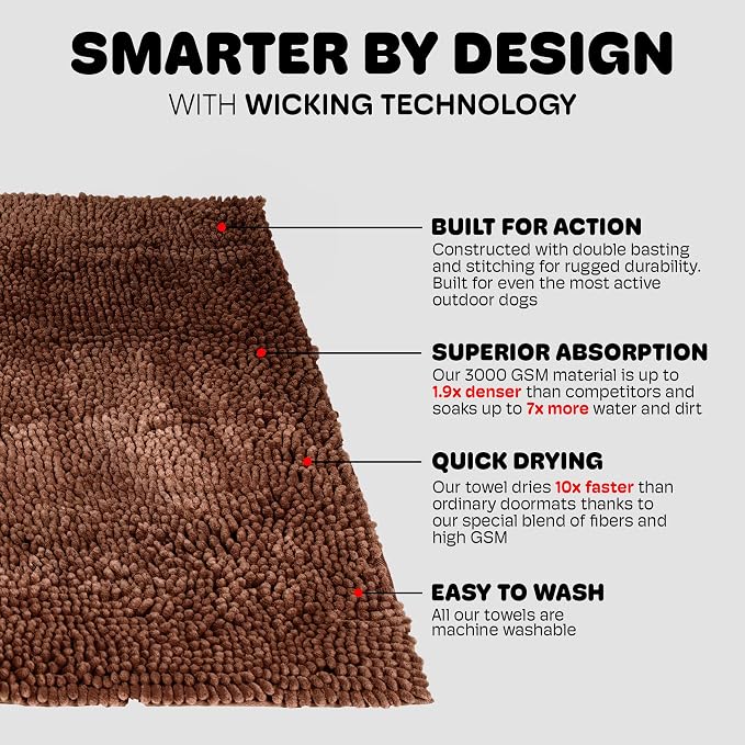 Dog Gone Smart Dirty Dog Doormat - Fast Drying Rug - Brown, 31 x 20 in | Super Gripper Backing for Clean Floors - Absorbent Microfiber and Machine Washable Mat for Muddy Paws