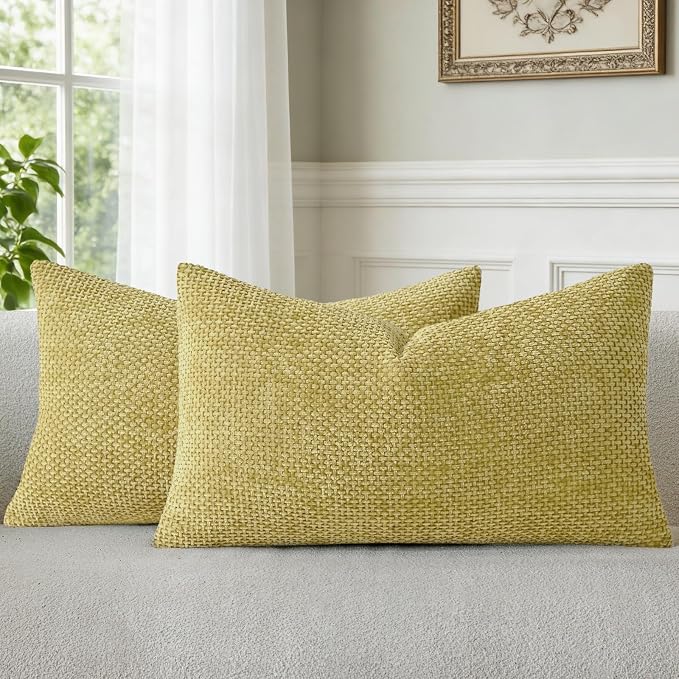 a moment Yellow-Green Chenille Throw Pillow Covers 12x20 Inch Pack of 2 Modern Decorative Throw Pillow Covers Farmhouse Cross Covers Home Decor for Sofa Bedroom Living Room