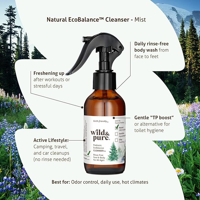 Wild & Pure EWG Verified All-Natural Spray Body Wash (8oz) | pH Balanced, Microbiome-Friendly & Plant-Based | No-Rinse Cleanser, Deodorizer, Moisturizer For Face, Hands, Body | Refillable Skincare