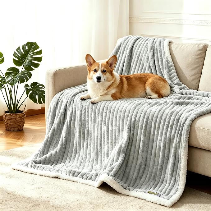 Waterproof Dog Blanket Warm Grey 40x50 in | Soft Pet Cat Blanket Cozy Calming Sherpa Corduroy Fleece Reversible Furniture Bed Protector Small Dogs, Machine Washable