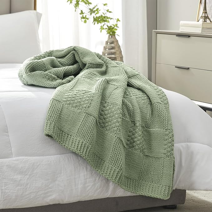 Knit Throw Blanket, Soft Chenille Cozy Breathable Checkered Chunky Decorative Blanket for Couch, Bed & Sofa, French-Inspired Lightweight Warm Gift for Women, Sage Green, 60"x80"