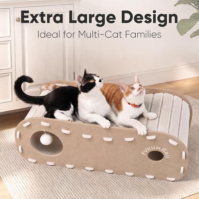 FUKUMARU Cat Bed Cave Tunnel, 31.5 Inch, Cat House Condo Indoor, Beige | Extra Long Design, For Multiple & Large Cats, Felt Material, Fluffy Ball Included, Scratch Resistant