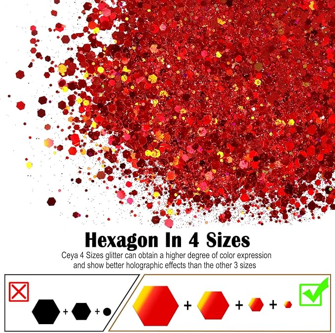 Ceya Holographic Chunky Glitter 4.9oz/ 140g Red Glitter Craft Roses Glitter Powder Mixed Chunky Flakes Iridescent Nail Sequins for Nail Art,Hair,Epoxy Resin,Tumbler,Slime,Painting,Festival Decor