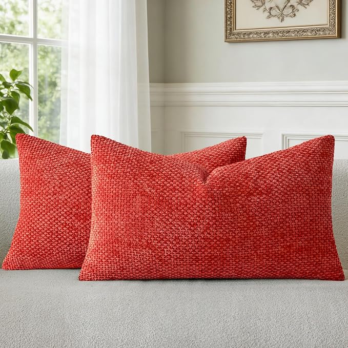 a moment Red Chenille Throw Pillow Covers 12x20 Inch Pack of 2 Modern Decorative Throw Pillow Covers Farmhouse Cross Covers Home Decor for Sofa Bedroom Living Room