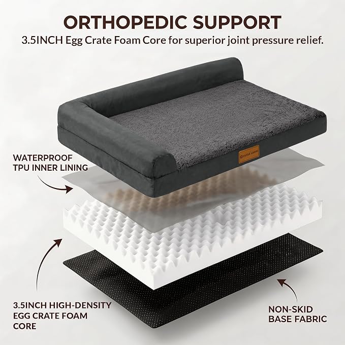 Patas Lague Orthopedic Large Dog Bed Washable Pet Sofa Bed 36X24 Dark Grey | 2-Sided Bolster Egg-Crate Foam Dog Couch Large Sized Dogs, Waterproof Removable Washable Cover, Nonskid Bottom Pet Crate Mat