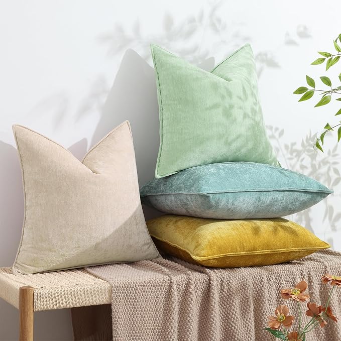 decorUhome Chenille Sage Green Velvet Throw Pillow Covers 12x20 Set of 2 | Fall Soft Lumbar Couch Decorative Modern Farmhouse Pillow Cases with Elegant Design for Sofa Bed Living Room Home Decor