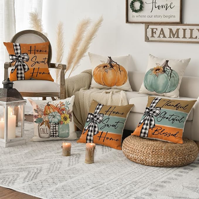AVOIN colorlife Fall Pumpkin Home Sweet Home Throw Pillow Covers, 20 x 20 Inch Autumn Thankful Grateful Blessed Harvest Floral Decorations for Sofa Couch Set of 4, Blue