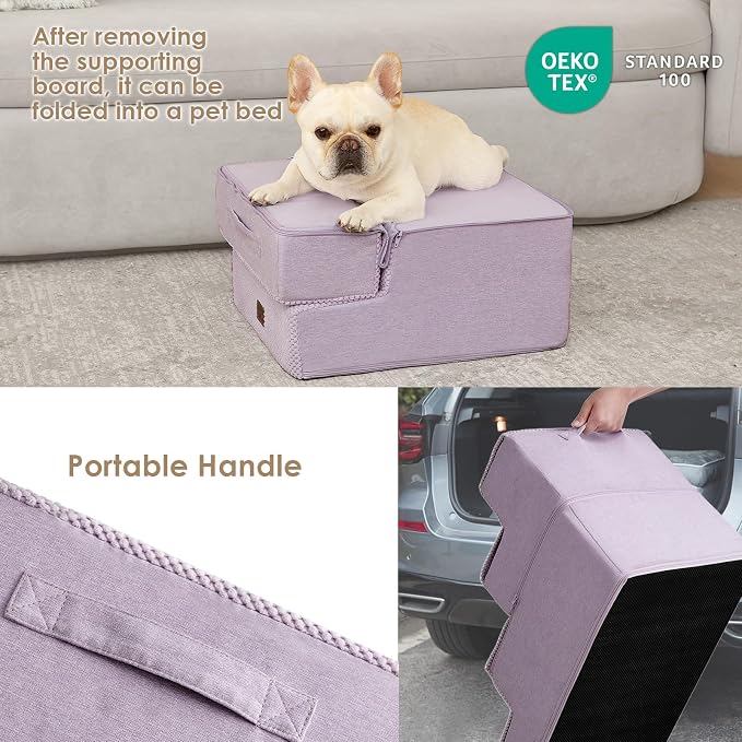 EHEYCIGA Dog Stairs for Small Dogs 13.5" H, 3-Step Dog Steps for Cats, Lilac