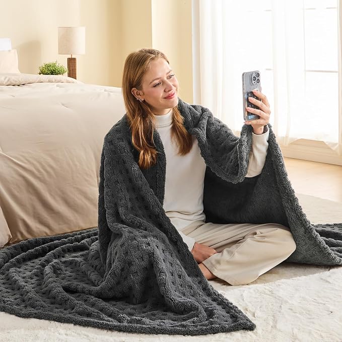 NEWCOSPLAY 3D Waffle Checkered Flannel Twin Blanket, Dark Grey, 60"x80" | Super Soft Cute Lightweight Decorative Premium Silky Fleece Blanket for Couch Sofa Bed, Gift for Women Men, All Season Use