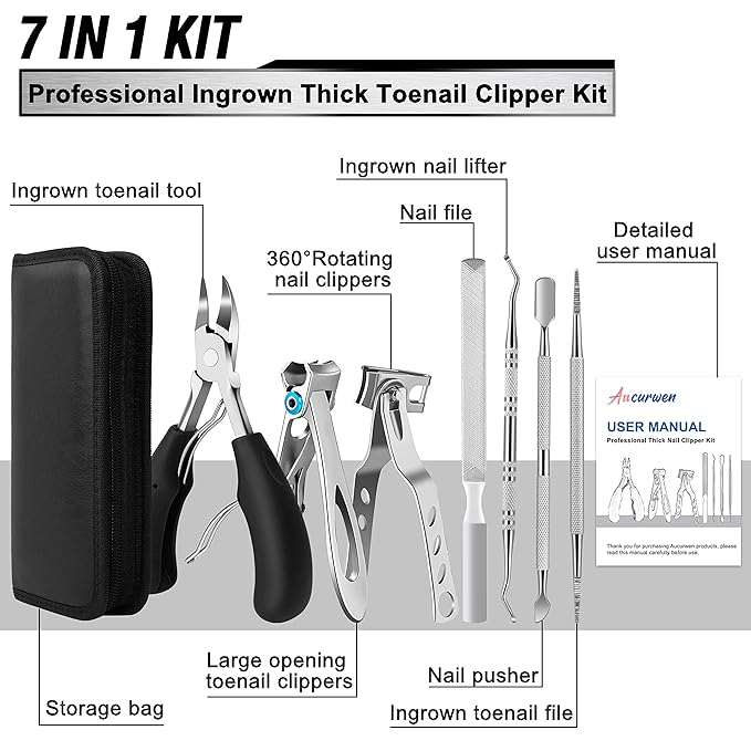 Toenail Clippers for Seniors Thick Toenails, Aucurwen Heavy Duty Toe Nail Clippers Adult Thick Nails Long Handle, Large Toenail Clippers for Thick Nails 7Pcs