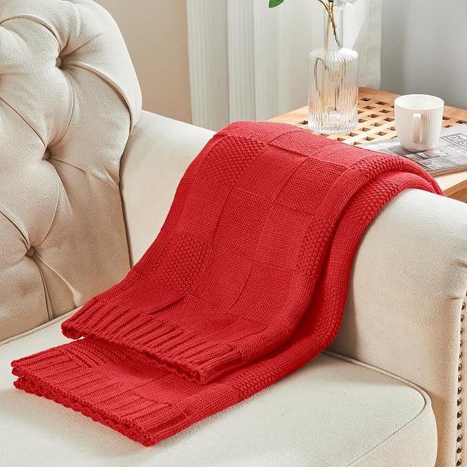 CozeCube Christmas Red Knitted Checkered Throw Blanket 60"X80" | Check Knit Throw for Couch, Decorative Christmas Soft Cozy Warm Blanket for Bed Sofa Living Room