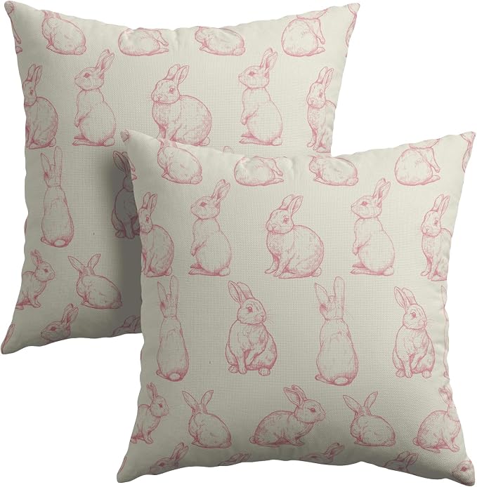 Kawani Easter Bunny Throw Pillow Covers 18x18 Inch Set of 2 Vintage Pink Rabbits Rustic Decorative Pillowcase Square Cotton Linen Cushion Case for Sofa Bed Couch Porch Outdoor Home Decor