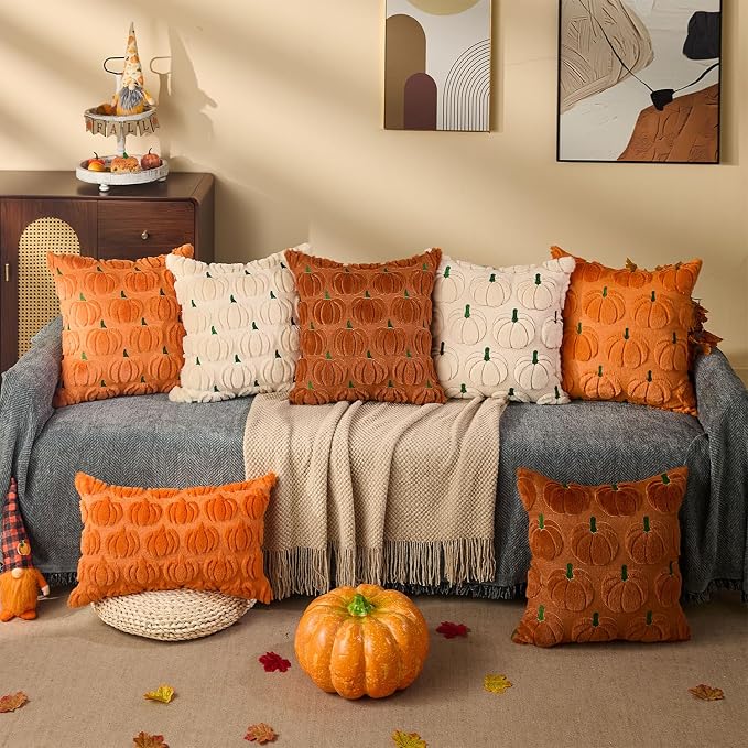 DFXSZ Fall Pillow Covers 18x18 2Pcs Beige Green Pumpkin Fall Decorations | Fall decor Set of 2 Throw Pillow Cases Soft Plush Faux Fur Wool Couch Cushion for Chair Sofa Bedroom Living Room Home Decor