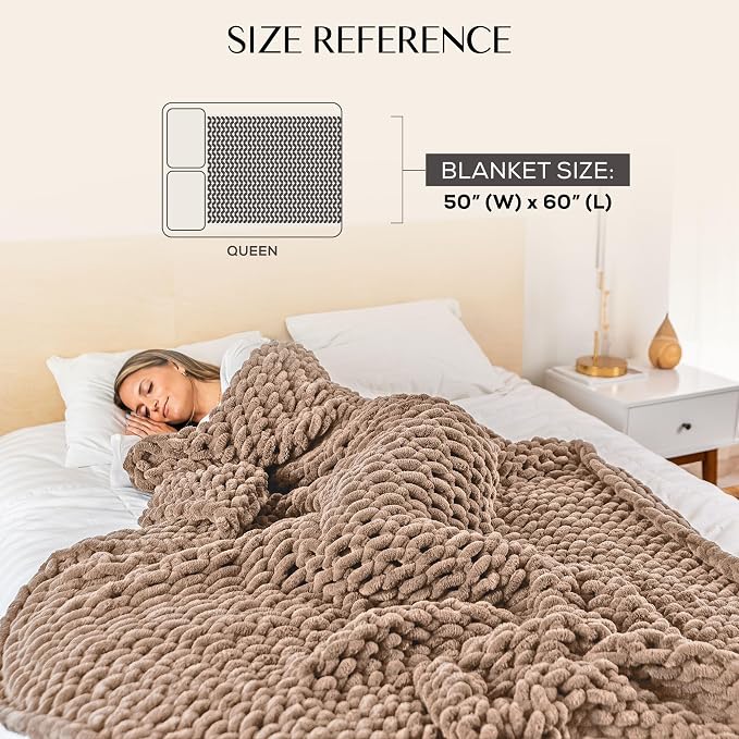 SAMIAH LUXE Chunky Knit Throw Blanket 50x60, Sandstone Brown Chenille Throw Blanket for Couch Bed Sofa, Soft Fluffy Cable Knit Blanket, Oeko-TEX Certified, Machine Washable
