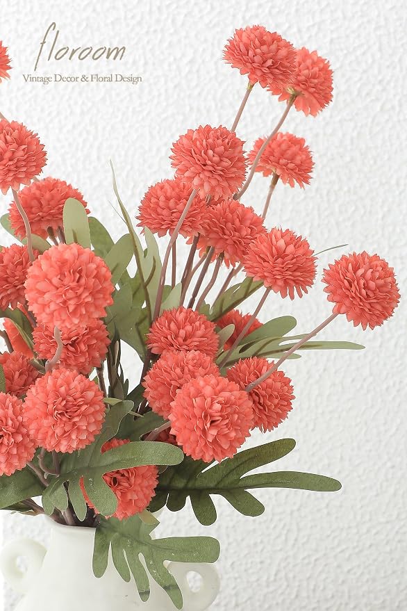5pcs Coral Orange Faux Silk Mums Artificial Flowers, Bulk Fake Small Mini Chrysanthemums with Stems for DIY Wedding Centerpieces Floral Arrangements Vase Fillers Home Decorations