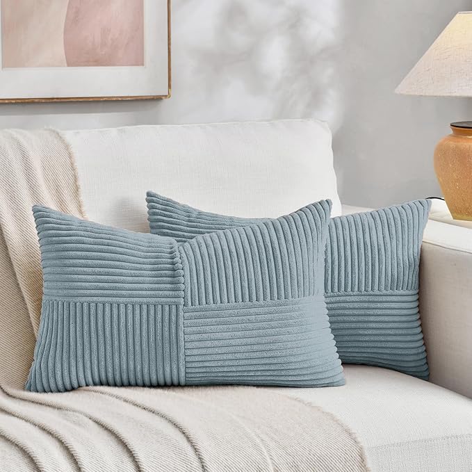 Fancy Homi Set of 1 Light Blue Square Decorative Throw Pillow Covers 28x16 Inch for Living Room Bedroom Couch Bed Sofa, Soft Striped Corduroy Modern Rectangle Accent Cushion Case 40x70 cm