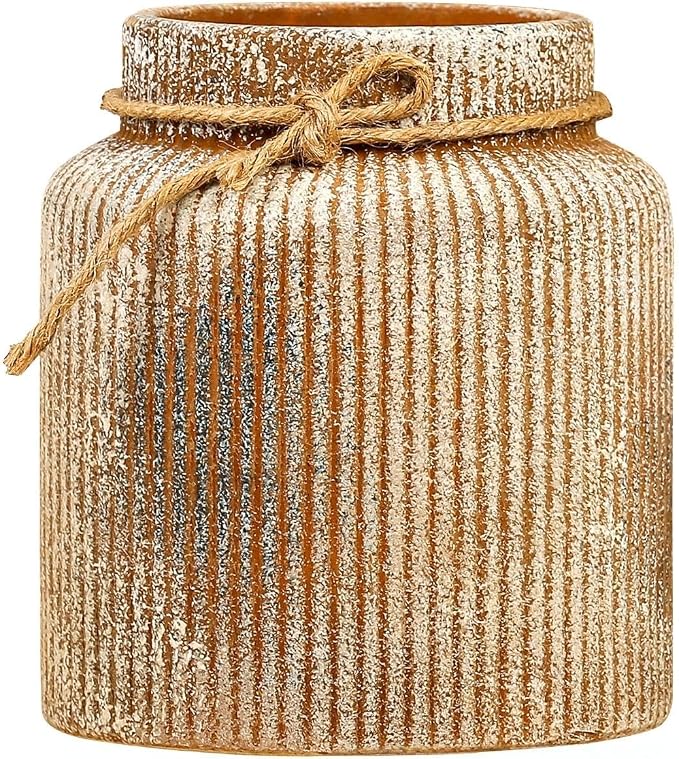 Rustic Ceramic Flower Vase, 7.2in Vintage Brown Ribbed Vases for Home Decor | Decorative Distressed Wide Mouth Terracotta Vases for Bedroom Living Room Table Centerpieces Shelf Cabinet Decorations