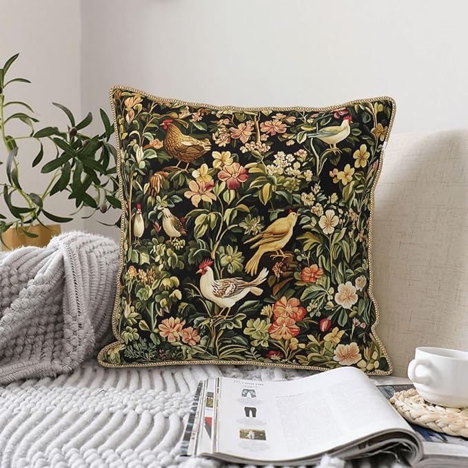 Vintage Birds Floral Velvet Pillow Cover 18x18 Inch Green Leaf Red Flowers Throw Pillows for Couch Farmhouse Cushion Covers Chicken Pillowcase Black Chinoiserie Pillow Case for Sofa Bed Outdoor Decor