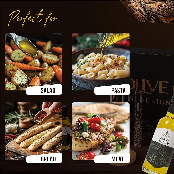Infused Olive Oil Gift Set – Variety Pack - 4 Flavored Olive Oil Extra Virgin, 3 Spice Flavorful Infusion Blends, Bread Dipping Bowl & Recipe Booklet - Set of 8 – Gourmet Cooking Gifts for Women - Gift For Dad