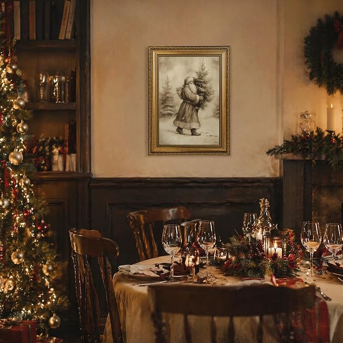 Fantasy Artists Christmas Framed Canvas Wall Art, Vintage Santa Claus Carrying Christmas Tree Gold Frame Print, Classic Holiday Wall Decor for Living Room Bedroom Entryway, Ready to Hang, 12" Wx16 H