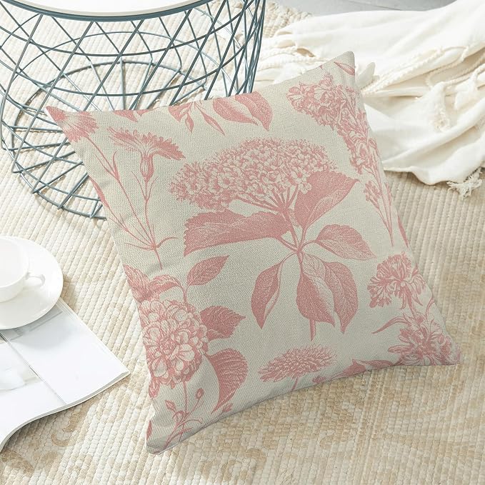 Floral Pillow Covers 18x18 Set of 2 Vintage Pink Hydrangea Herb Botanical Throw Pillow Cover Outdoor Decoration Boho Flower Pillowcase Farmhouse Decorative Cushion Case for Home Sofa Couch
