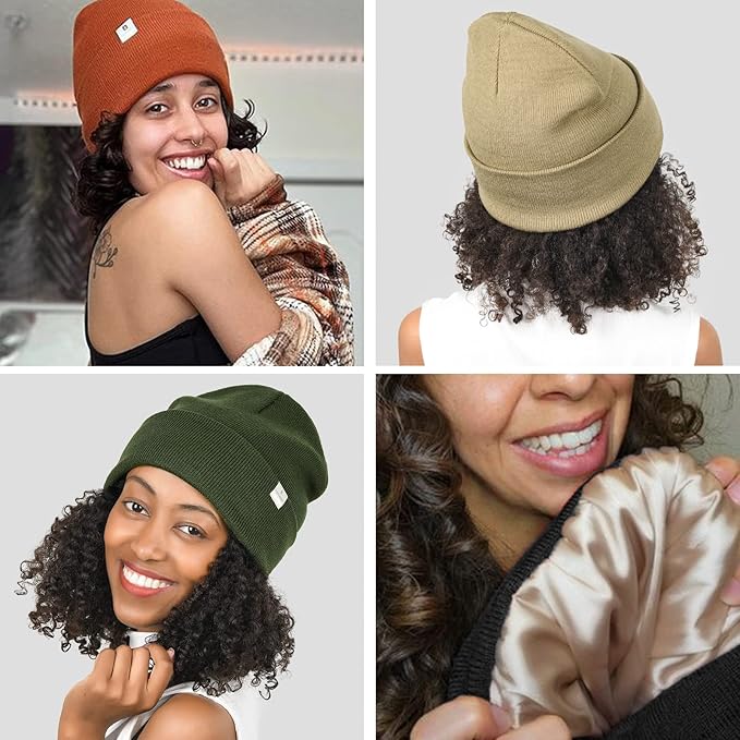 YANIBEST Satin Lined Beanie for Women Reduce Frizz Winter Hats for Women Men Silk Lining Soft Slouchy Warm Cuffed Less Static