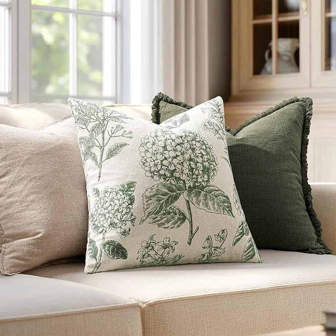 Set of 2 Decorative Floral Pillow Covers 20x20 Inch Dark Green | Neutral Hydrangea Print, Boho Vintage Throw Cushion Covers, Cottagecore Home Decor, for Sofa Couch Porch Bedroom Living Room
