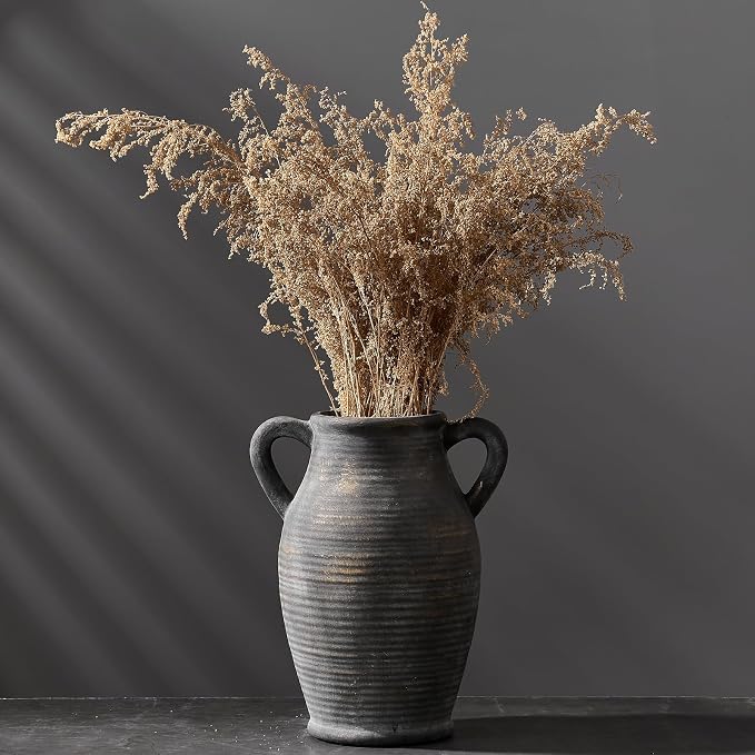 Vaseking Ceramic Rustic Vase, 9.8 inch Farmhouse Vases Home Decor, Bronze | Large Minimalist Decorative Vase with 2 Handles, for Living Room, Enterway, Table Decoration, Gift