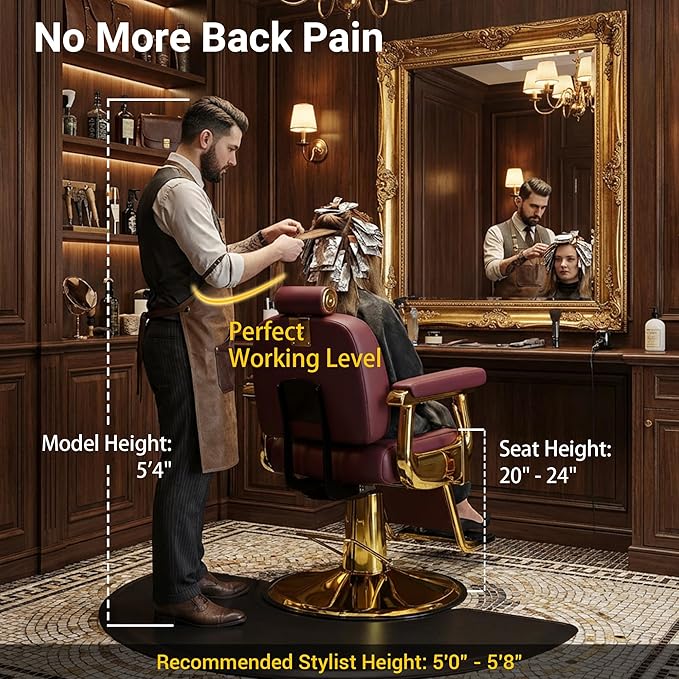 Baasha Burgundy & Gold Reclining Salon Chair - Vintage Hydraulic Barber Chair with Removable Headrest - Heavy Duty All Purpose Styling Chair for Lash, Braiding & Tattoo - Wide Seat, 440 lbs Cap.