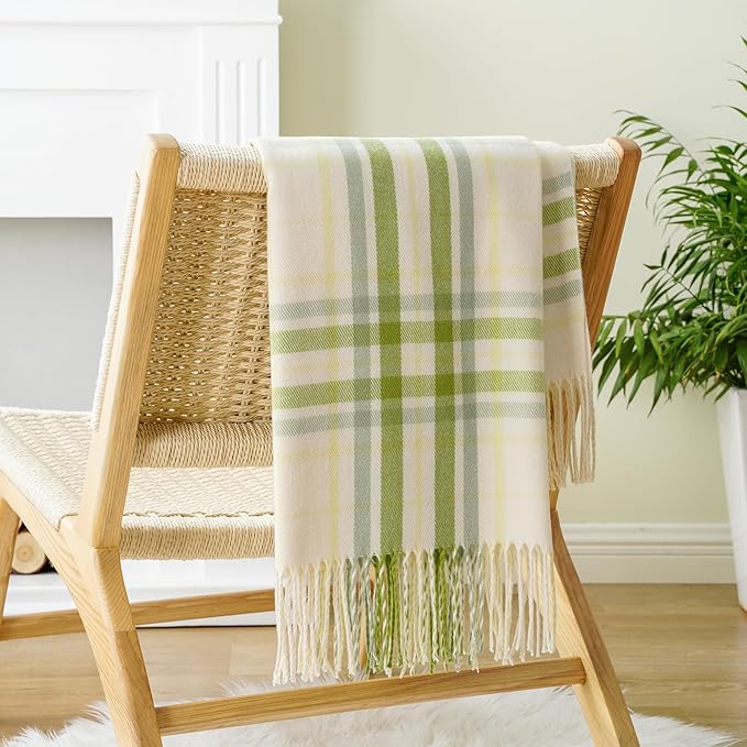 Spring Summer Plaid Throw Blanket for Couch Bed,White Green Stripe Blanket | 50"x60", Farmhouse Throw Blanket, Buffalo Checkered Design, Lightweight Soft Plaid Blankets and Throws for Home Decor