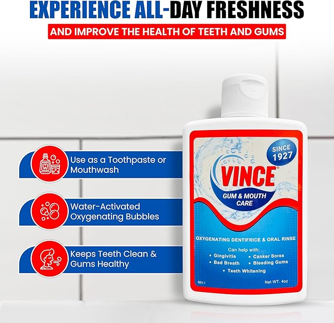 Vince Gum & Mouth Toothpaste Powder - Dentifrice & Mouthwash - Cavity Prevention - Gingivitis - Irritated, Bleeding & Receding Gums - Canker Sore - Bad Breath - Inflammation - Tonsil Stones - 4 Ounce