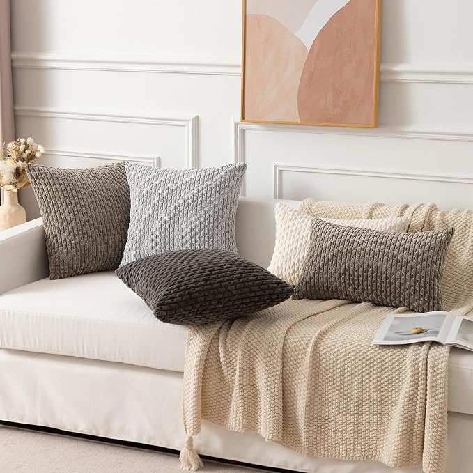 Kevin Textile Soft Corduroy 12"x20" Lumbar Pillow Cover 1 Pack, Light Brown | Boho Stripe Plush Corduroy Decorative Oblong Cushion Cover Modern Farmhouse Home Decor for Sofa Couch Bed Chair