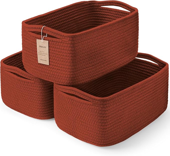 3 Pack Storage Baskets for Organizing, 13.7×9.5×6.3", Brick Red | Woven Baskets for Shelves, Cotton Rope Basket for Gifts Empty, Closet Organizer Bins with Handles, Cube Decorative Box