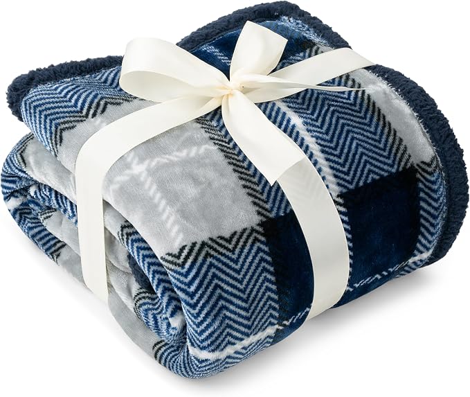 PAVILIA Plaid Sherpa Throw Blanket for Couch Sofa Bed, Navy Blue, 50x60 | GSM 460; Soft Plush Flannel Fleece; Warm&Cozy for Home; Machine Washable, Perfect Cabin Decor Winter Holiday Christmas Gift