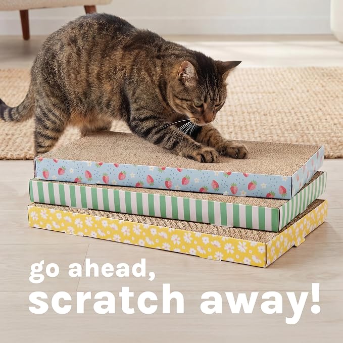 Kitty City 3-Pack XL Double Sided Corrugate Cat Scratcher Pads with Catnip - X-Large Horizontal Cat Scratcher Mats, Reversible Corrugate Nail File Scratchers - Spring Design, 18” x 10” Each
