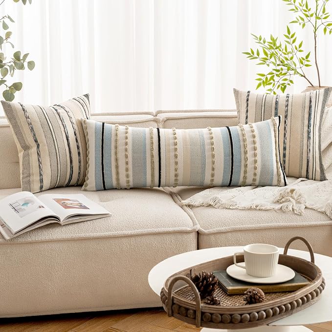 ANRODUO Boho Decorative Pillow Covers 14x36 Light Blue Stripe Pack of 1 | Throw Pillow Covers, Farmhouse Cushion Case, Long Chenille Pillow Cases, Lumbar Pillow Covers, Neutral Pillow for Sofa Couch