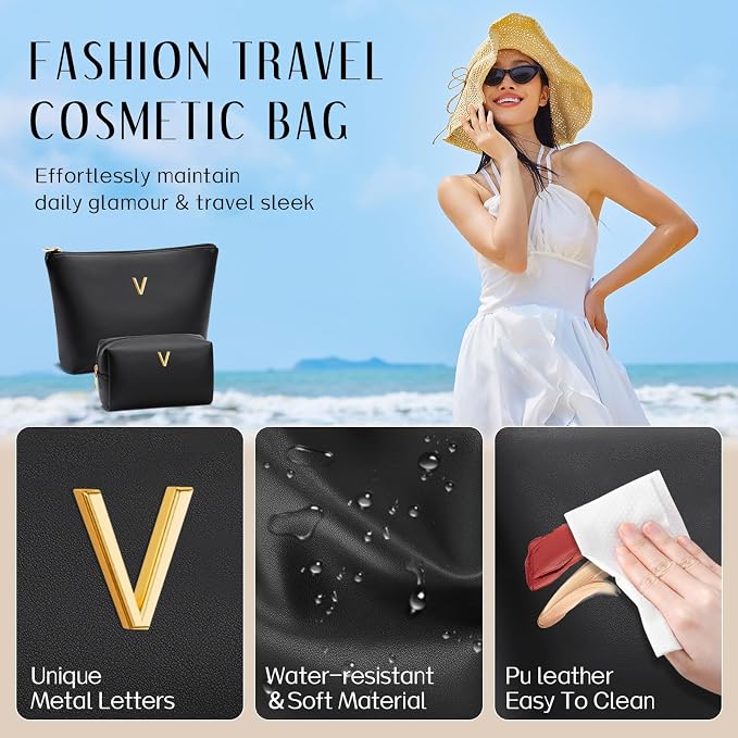 Women Gifts | Initial Makeup Bag for Girl Personalized Gifts for Bridesmaid Friend PU Leather Cosmetic Travel Toiletry Bag(Black,V)