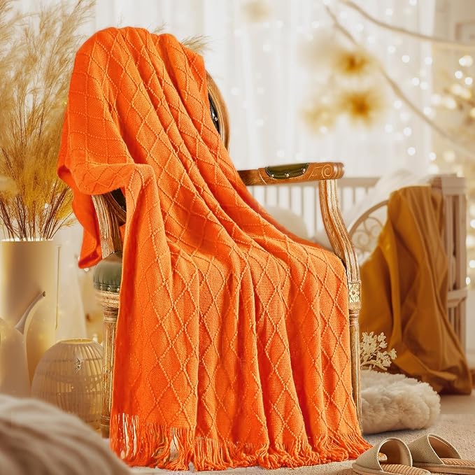inhand Burnt Orange Knitted Throw Blanket for Couch and Bed, 60"x80" | Fall Halloween Decor, Soft Living Room Home Decor Knitted, Outdoor Lightweight Autumn, Farmhouse Warm Fall Decoration Indoor