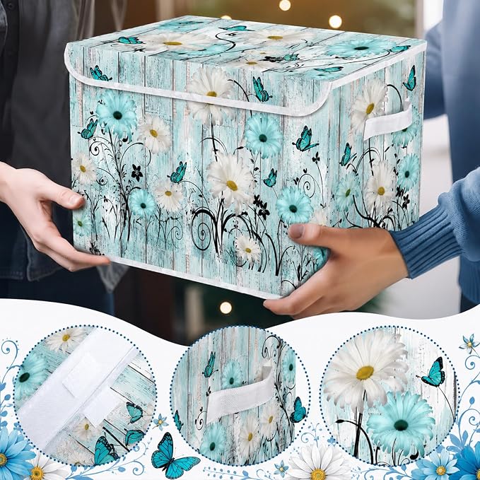 Briwooody Blue Daisy Storage Bin with Lid and Carrying Handle Floral Butterfly Foldable Storage Box Large Farmhouse Decorative Collapsible Container Basket for Organizing Closet Home Bedroom Gift