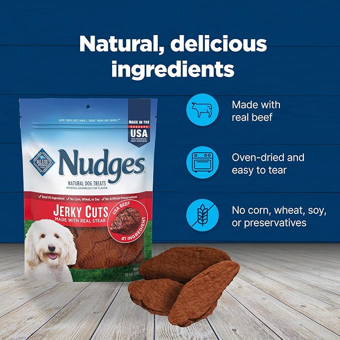 Blue Buffalo Nudges Jerky Cuts Dog Treats, Made in the USA with Natural Ingredients, Steak, 10-oz Bag (Pack of 6)