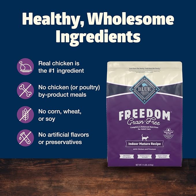 Blue Buffalo Freedom Grain-Free Dry Cat Food for Mature Cats, Complete & Balanced Nutrition for Mature Cats, Chicken Recipe, 11-lb. Bag